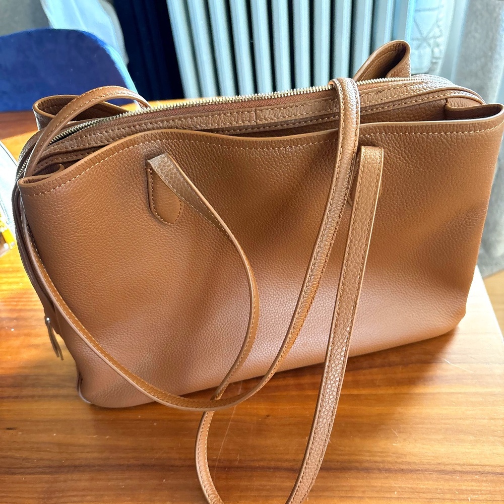 Quince Triple Compartment work Tote (Cognac Italian Leather)